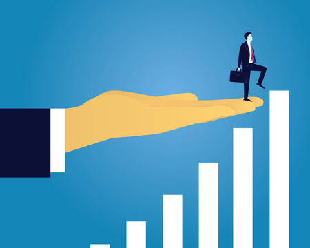 Vector illustration. Business reaching success leadership concept. Businessman raised by giant hand to reach for success in top position of ladder. Leadership, directing way of success, progress conceptualのイラスト素材