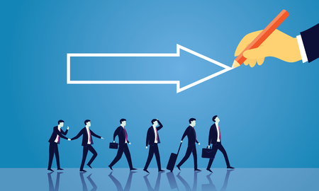 Vector illustration. Business directional leadership conceptual. Businessmen stepping forward looking for success in the way showed by giant hand of leader. Pointing direction arrow competition conceptのイラスト素材