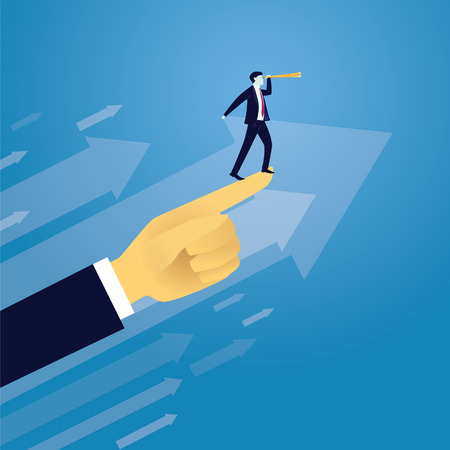 Vector illustration. Business success moving forward leadership concept. Businessman raised by giant hand to search for success high in the sky with telescope. Visionary, directing way of success, progress conceptualのイラスト素材