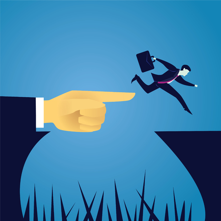 Vector illustration. Business challenge concept. Businessman jump leaf to conquer obstacle challenge gap with help of giant leader handのイラスト素材