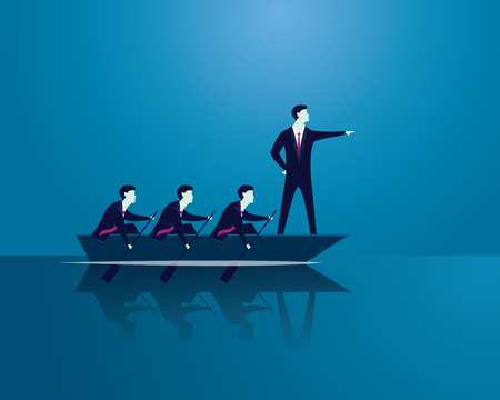 Vector illustration. Business teamwork leadership concept. Businessmen working in team, Group of people rowing boat together. Bossy leader pointing, directing and motivating his team to move forward for successのイラスト素材