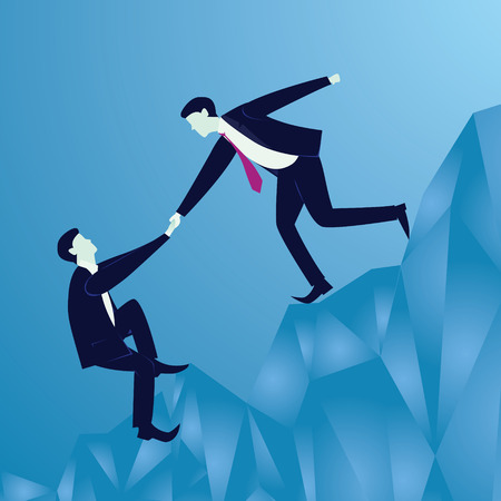 Vector illustration. Business teamwork concept. Businessmen working together, helping each other to climb mountain cliff of success. Team of people work hard to reach top positionのイラスト素材