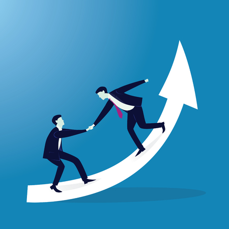 Vector illustration. Business teamwork concept. Businessmen working together, helping each other to climb arrow of success. Team of people work hard to reach top positionのイラスト素材