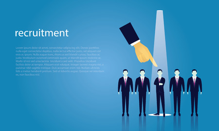 Vector illustration. Business recruitment hiring concept. Selecting businessman from line of people with pointing finger. Focus on one man with spotlightのイラスト素材