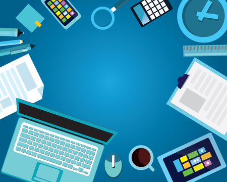 Set of flat vector design illustration of modern business office and workspace. Top view of desk background with laptop, digital devices and notepadのイラスト素材