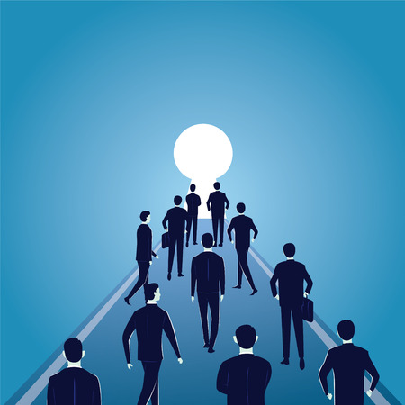 Vector illustration. Business leadership hope concept. Businessmen walks forward going to bright light representing success in futureのイラスト素材