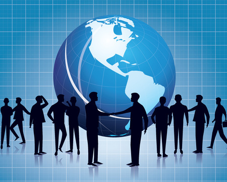 Vector illustration. Business global communication concept. Businessmen people speaking dialog speach collaboration technologyのイラスト素材