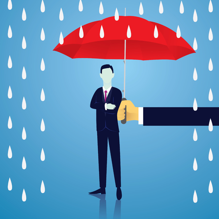 Vector illustration. Insurance protection concept. Businessman and umbrella, risk threat preparation protecting weath future lifeのイラスト素材