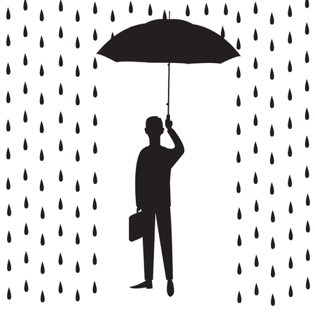Vector illustration. Insurance protection concept. Businessman and umbrella, risk threat preparation protecting weath future lifeのイラスト素材