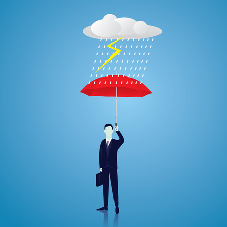 Vector illustration. Insurance protection concept. Businessman and umbrella, risk threat preparation protecting weath future lifeのイラスト素材