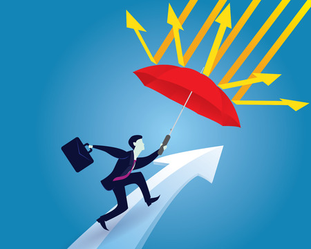 Vector illustration. Insurance protection concept. Businessman and umbrella, risk threat preparation protecting weath future lifeのイラスト素材