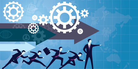 Vector illustration. Leadership in business concept. Leader success business people skill development icons typographyのイラスト素材