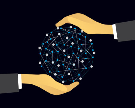 Vector illustration of businessmen hands holding abstract lines and dots of global connection links.のイラスト素材