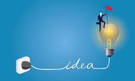 Business concept, businessman conquer obstacle, winning gesture holding victory flag on top of idea bulb lampのイラスト素材