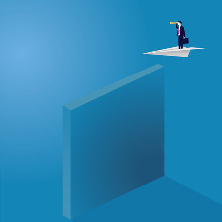 Vector illustration of businessman flying on paper plane while looking forward with telescope, future business vision concept  のイラスト素材