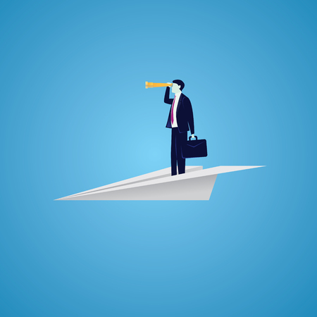 Vector illustration of businessman flying on paper plane while looking forward with telescope, future business vision concept  のイラスト素材