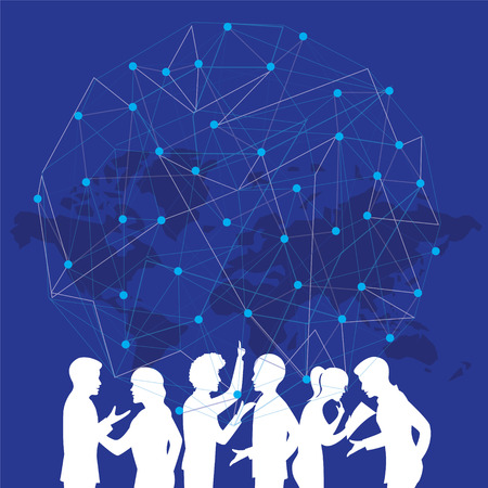 Vector illustration of business communication concept, white silhouette of people on blue backgroundのイラスト素材
