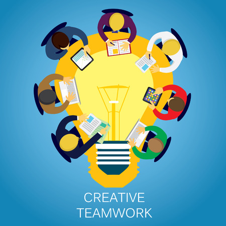Vector illustration. Business concept. Creative teamwork design, businessman working togetherのイラスト素材