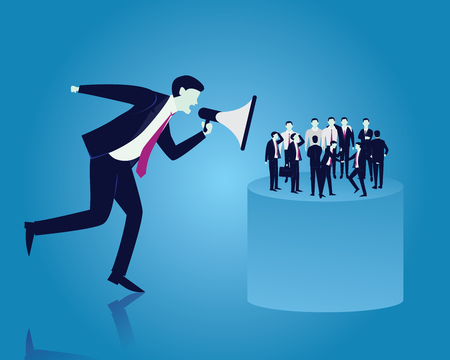 Vector illustration of big boss shouting to his workers with megaphone. Leadership leader giving order conceptのイラスト素材
