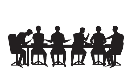 Vector illustration. Team meeting in business concept. Group of businessmen doing discussion communication of teamwork partnership, corporate people, isolated on whiteのイラスト素材