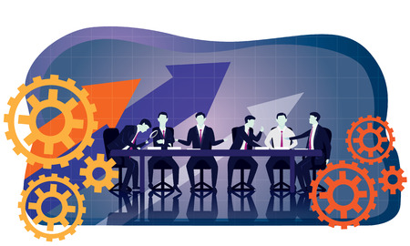 Vector illustration. Team meeting in business concept. Group of businessmen doing discussion communication of teamwork partnership, corporate peopleのイラスト素材