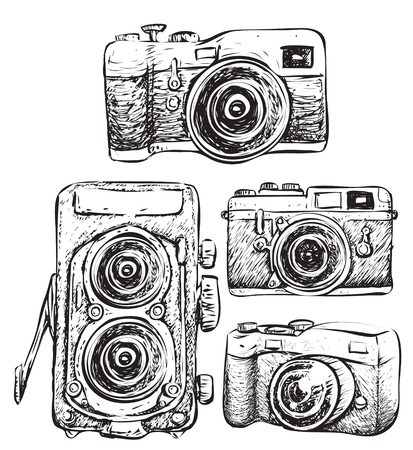 Vector illustration. Retro camera simple doodle design in black and whiteのイラスト素材