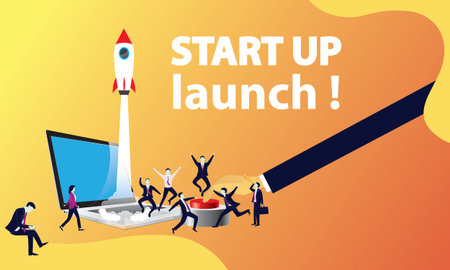 Vector illustration. Business startup project concept. Rocket launching to the sky, modern...