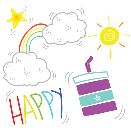 Vector illustration of happy morning doodle, simple line children drawing styleのイラスト素材