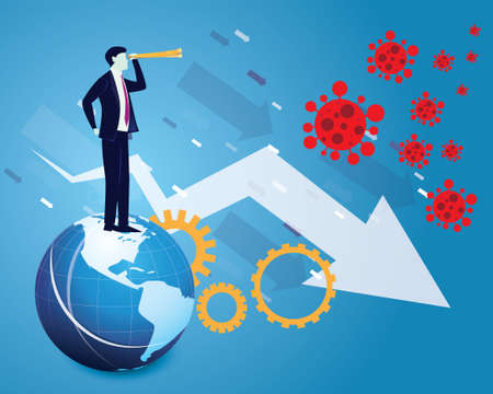 Businessman looking forward with telescope, predicting economic problem in the future due to coronavirus covid19 pandemic, global recession, vector illustrationのイラスト素材