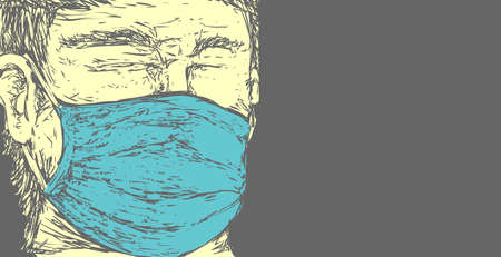 Person wearing mask, vector illustration on doodle sketch simple lines style, close up portrait with copy spaceのイラスト素材