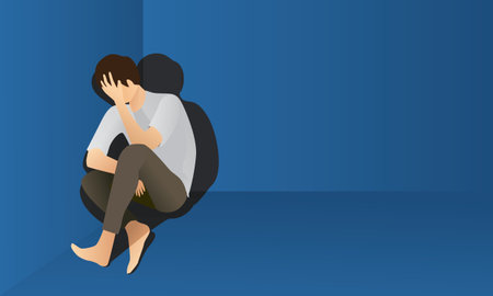 Depressed male person sitting down on the corner with copy space, regret and sadness concept, vector illustrationのイラスト素材