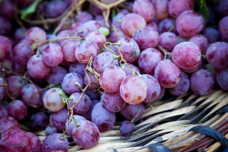Close up shot of grapes on a basket in a local market. Natural light.の写真素材