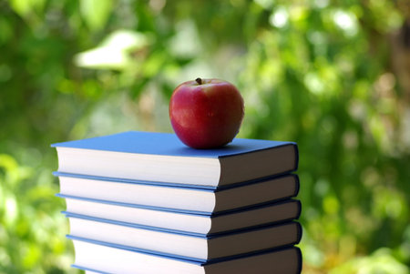 A red apple on a book of blue color