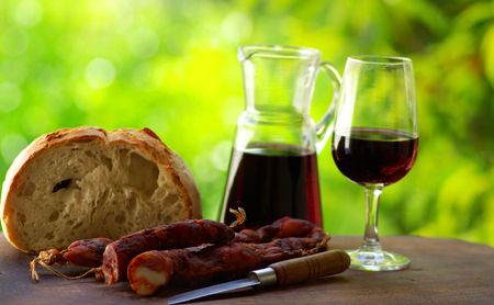 Meat bread and wine, manufacture caretaker, region alentejo, Portugal.の写真素材