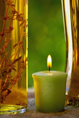 Oliveoil and candle.の写真素材
