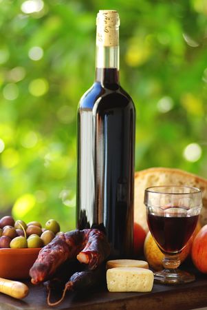 Portuguese food and red wine.の写真素材