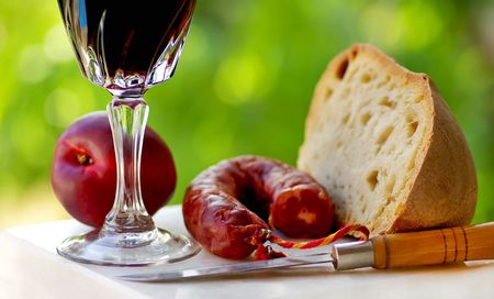 Portuguese meat,wine and bread.の写真素材