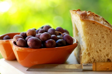 Portuguese olives and bread.の写真素材