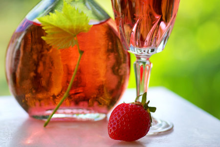 Glass of rose wine and strawberry.の写真素材