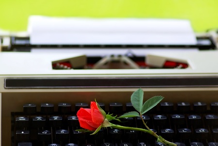 Red rose on  keyboard of old Typing machine の写真素材
