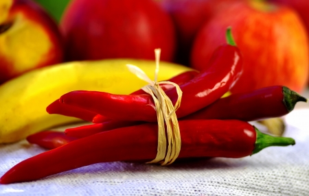 Red chili and fruitsの写真素材