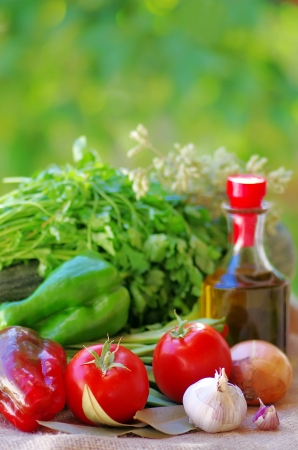 Vegetables, olive oil and ingredientsの写真素材