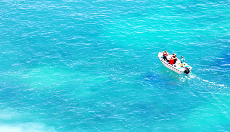 boat in blue water view from above の写真素材