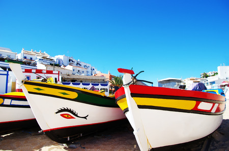 fishing boats on the beach, Algarve, Portugalのeditorial素材