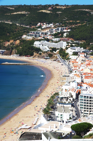view on the coastal town of Sesimbra, Portugalの写真素材