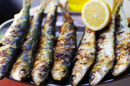 Grilled sardine fish served with lemon and oliveoilの写真素材