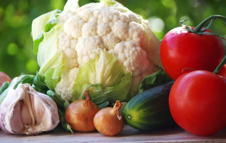 fresh vegetables tomatoes, onion,garlic, cucumbers, cauliflower on a green backgroundの写真素材