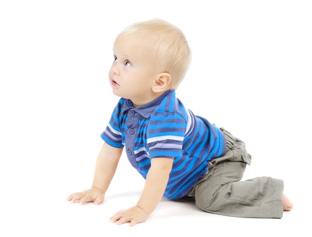 active one year baby crawling over white backgroundの写真素材