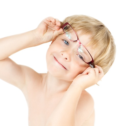 Child smiling in eyeglasses. Close up funny portraitの写真素材