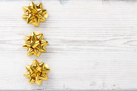 Christmas Wooden Background, Bow Golden Stars Decoration , White Wood Board, Xmas Decorative Holiday Texture